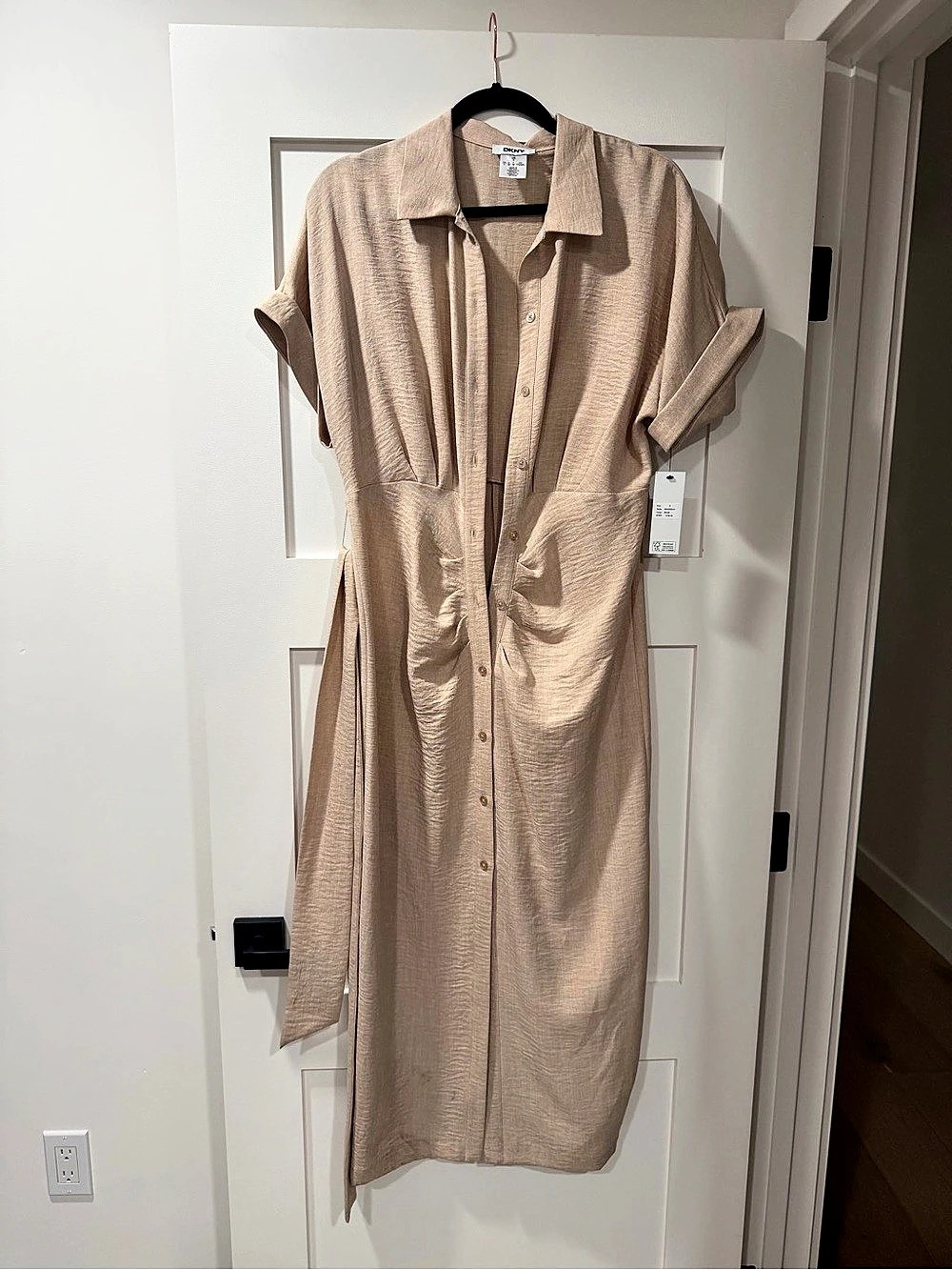 DKNY Short Sleeve Button Down Midi Shirt Dress with Belt Pink Medium